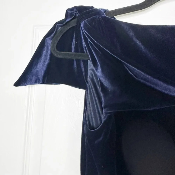 DAVID MEISTER Size 2 Navy Blue Velvet Cocktail Dress Ruched Tie Shoulder - Picture 3 of 7
